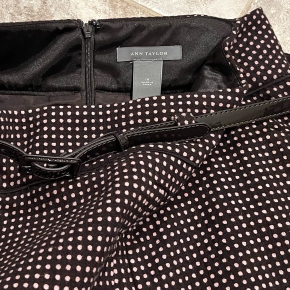 Ann Taylor Wool Brown Pink Polka Dot Belted A Line Skirt Size 16 Knee Length - Picture 2 of 11